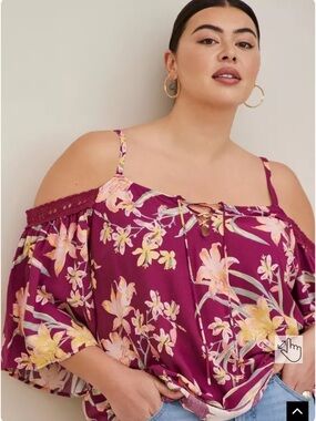 Torrid Challis Crochet Trim Cold Lace-Up Shoulder